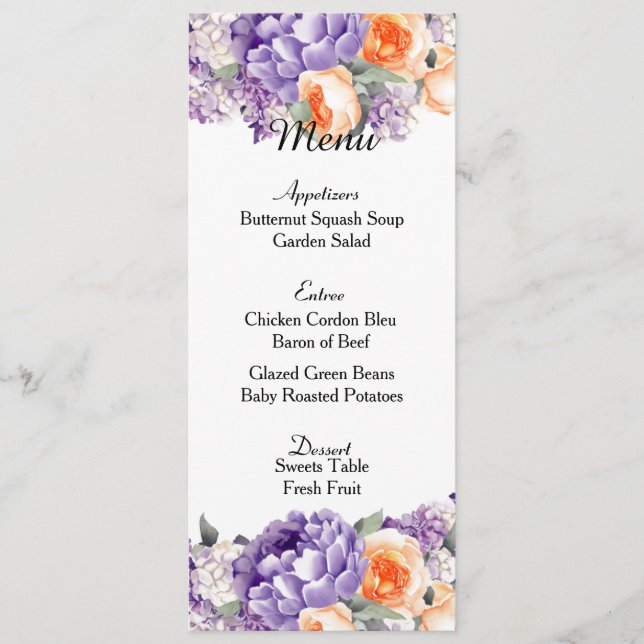 Dusty Mauve Peach Peonies Wedding Menu Card (Front)