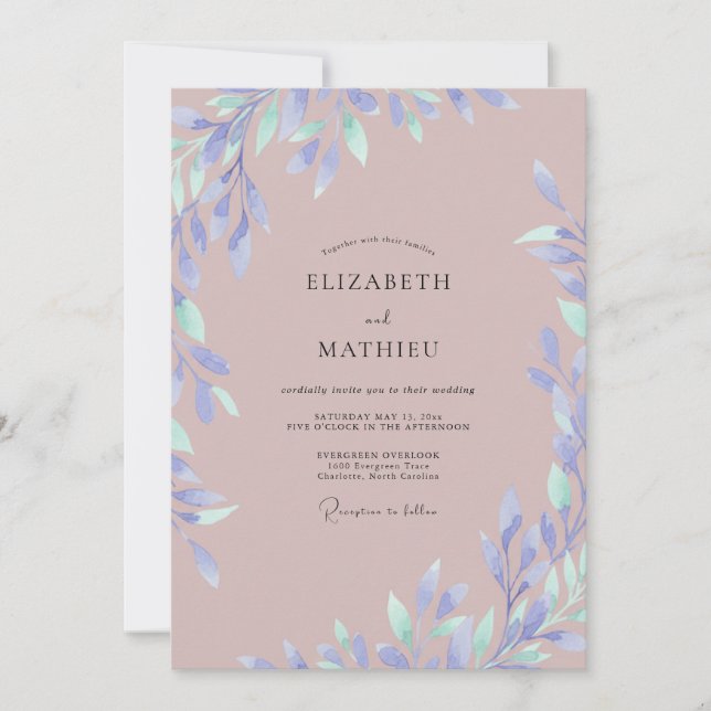 Dusty Mauve Periwinkle Leaf Wedding Invitation (Front)