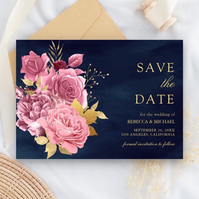 Dusty Mauve Pink Floral Gold Navy Blue Wedding Save The Date (Creator Uploaded)