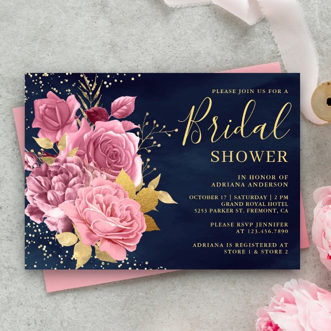 Dusty Mauve Pink Floral Navy Blue Bridal Shower Invitation (Creator Uploaded)