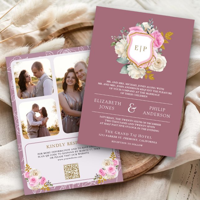 Dusty Mauve Pink Floral QR Code Crest Wedding Invitation (Creator Uploaded)