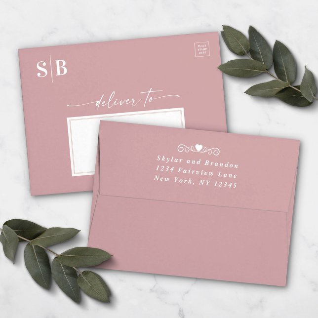 Dusty Mauve Pink Monogram 5x7 Wedding Invitation Envelope (Creator Uploaded)