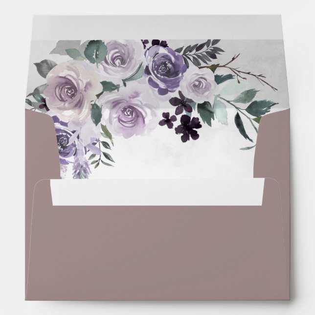 Dusty Mauve Purple and Silver Floral Wedding Envelope (Back (Bottom))