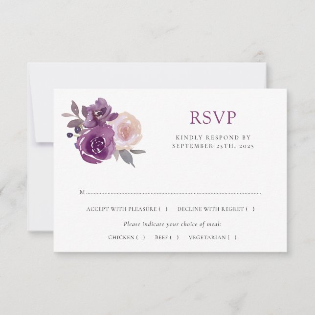 Dusty Mauve Purple Blush Floral Botanical Wedding RSVP Card (Front)