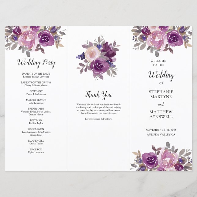 Dusty Mauve Purple Blush Floral Order Of Service (Front)