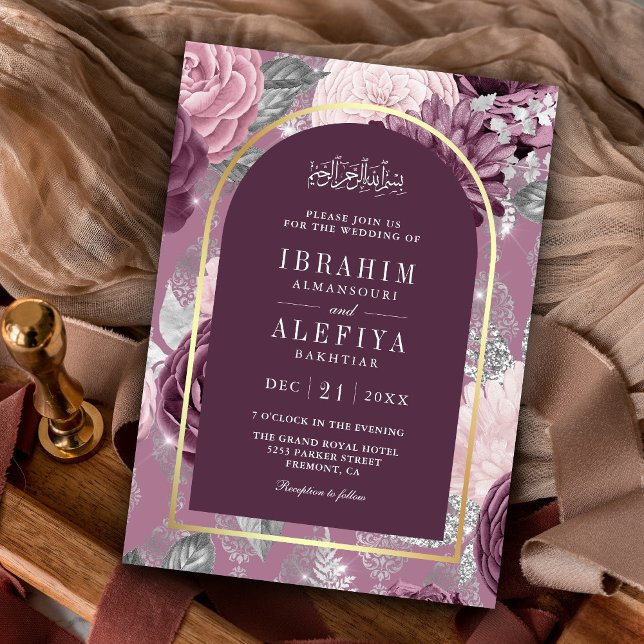 Dusty Mauve Purple Floral Arch Muslim Wedding Invitation (Creator Uploaded)