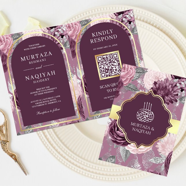 Dusty Mauve Purple Floral QR Code Muslim Wedding Invitation (Creator Uploaded)