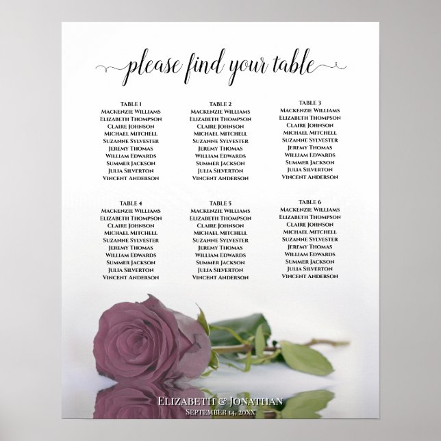 Dusty Mauve Rose 6 Table Wedding Seating Chart (Front)