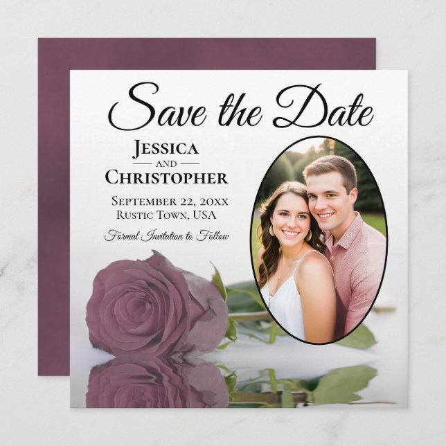 Dusty Mauve Rose on White with Oval Photo Wedding Save The Date (Front/Back)