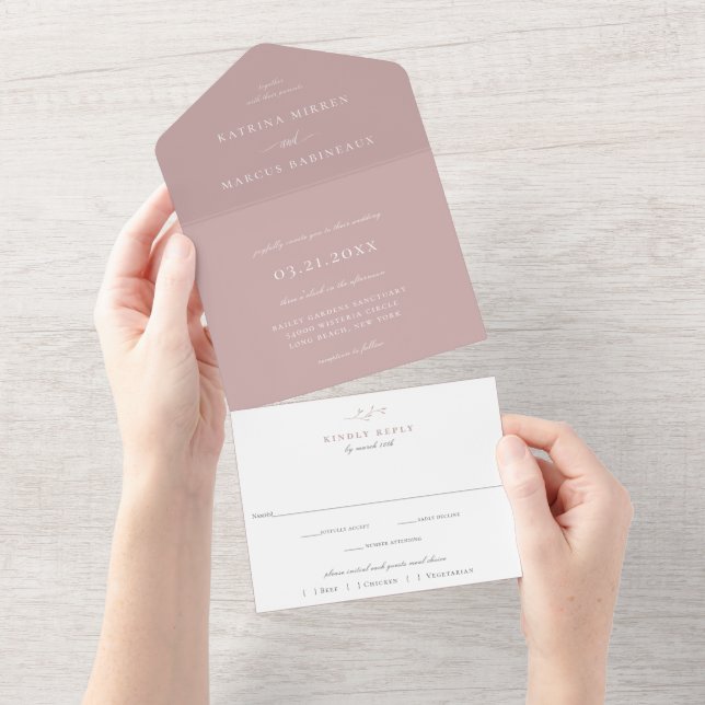 Dusty Mauve Rose Wedding All In One Invitation (Tearaway)