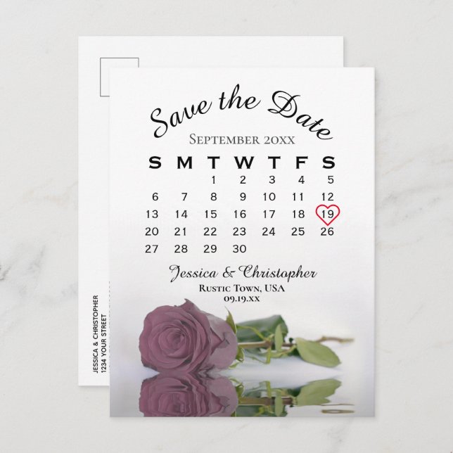 Dusty Mauve Rose Wedding Calendar Save the Date Announcement Postcard (Front/Back)