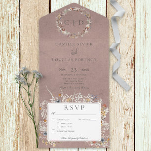 Dusty Mauve Vintage Romantic Wildflower Dinner All In One Invitation
