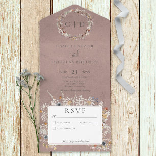 Dusty Mauve Vintage Romantic Wildflower No Dinner All In One Invitation