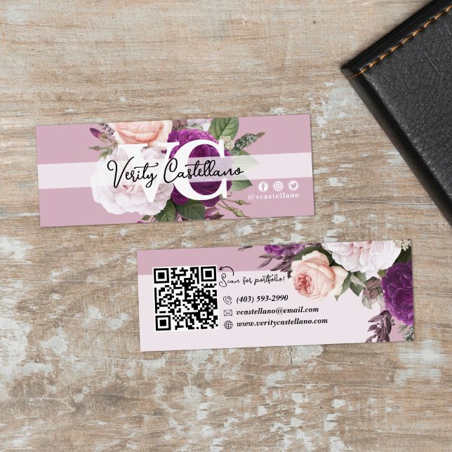 Dusty Mauve Vintage Rose Floral Simple Personal QR Mini Business Card (Creator Uploaded)