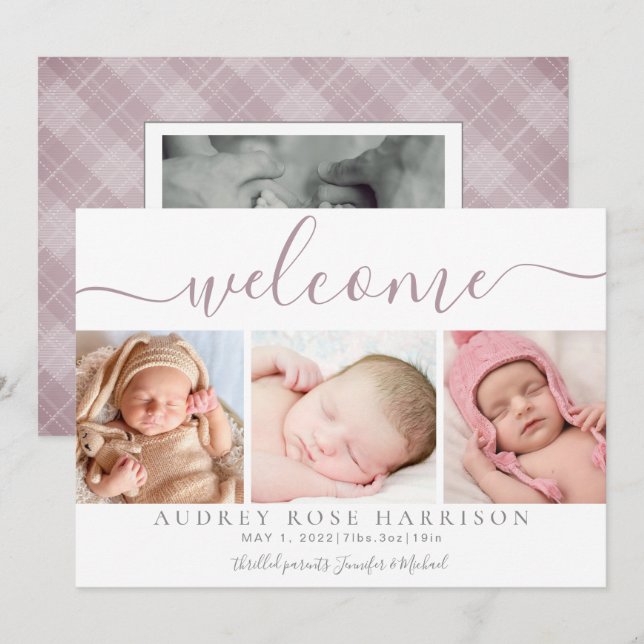 Dusty Mauve Welcome Baby Photo Collage Birth   Announcement (Front/Back)