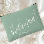 Dusty Mint Bridesmaid Modern Calligraphy Accessory Pouch<br><div class="desc">Celebrate your bridal party with this elegant dusty mint green bridesmaid accessory pouch. Featuring modern calligraphy and customisable with your bridesmaid's name, this pouch is both stylish and practical. The soft dusty sage colour and elegant script create a sophisticated look, perfect for holding makeup, toiletries, or other essentials. This personalised...</div>