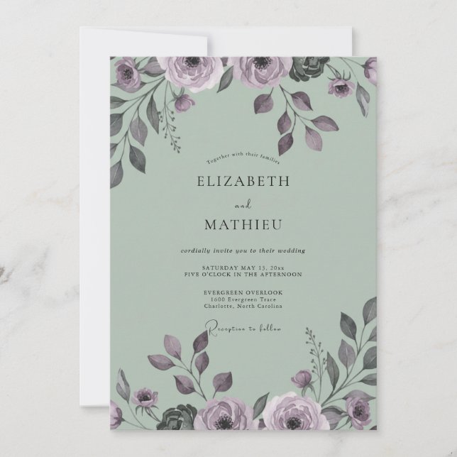 Dusty Mint Mauve Leafy Wedding Invitation (Front)