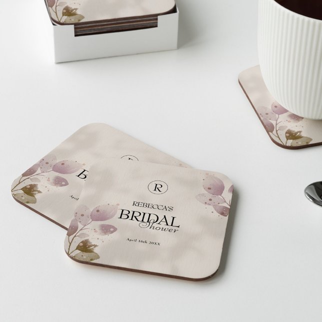 Dusty Muted Blush Pink Floral Bridal Shower Square Paper Coaster (Creator Uploaded)