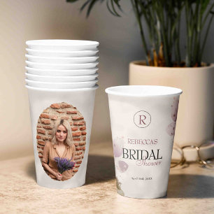 Dusty Muted Blush Pink Photo Floral Bridal Shower Paper Cups