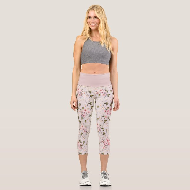 Dusty muted floral Boho design Capri Leggings (Front)