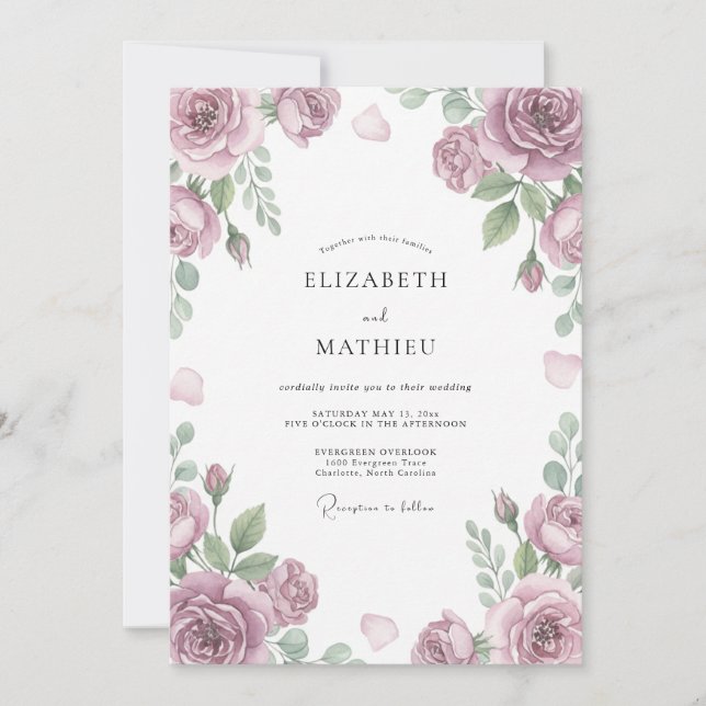 Dusty Muted Mauve Blossom Wedding Invitation (Front)