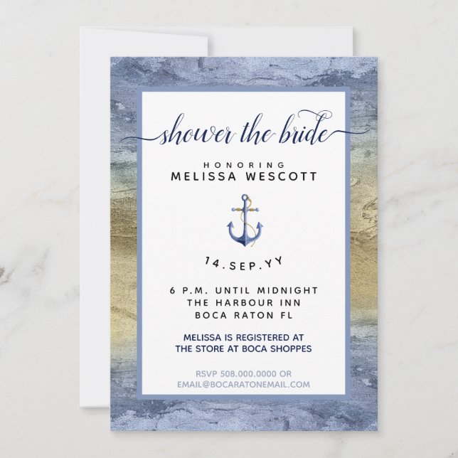 Dusty Nautical Blue Gold Watercolor Bridal Shower Invitation (Front)