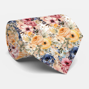 Dusty Navy Blue and Peach Pink Flowers Floral Tie