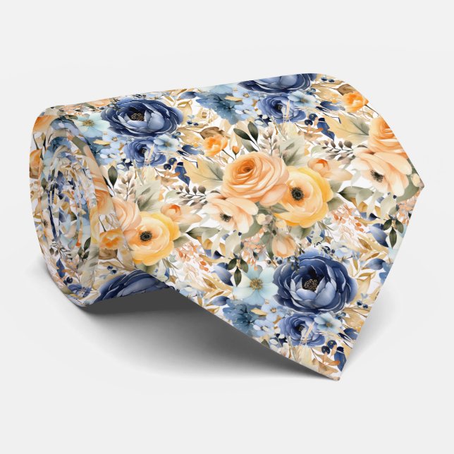 Dusty Navy Blue and Peach Roses Flowers Floral Tie (Rolled)