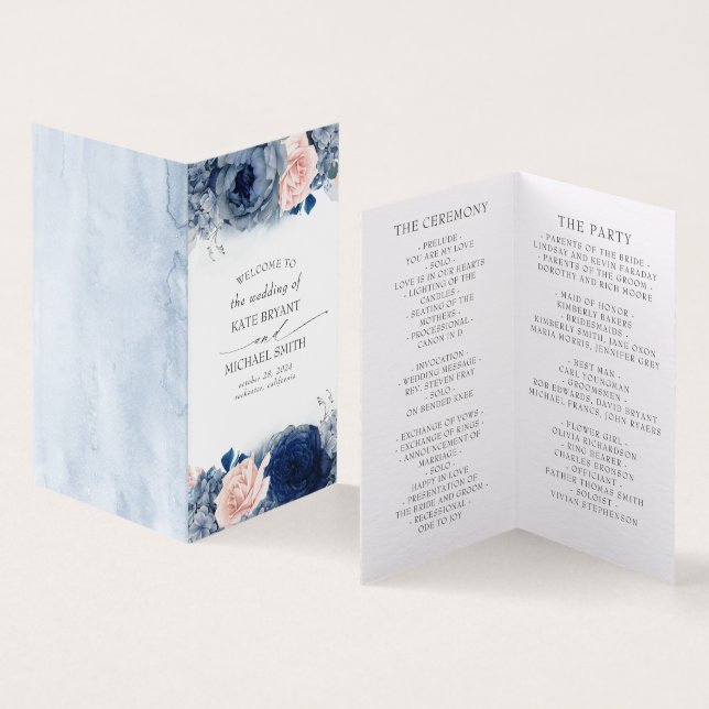 Dusty Navy Blue Blush Floral Wedding Programs (Inside and Outside)