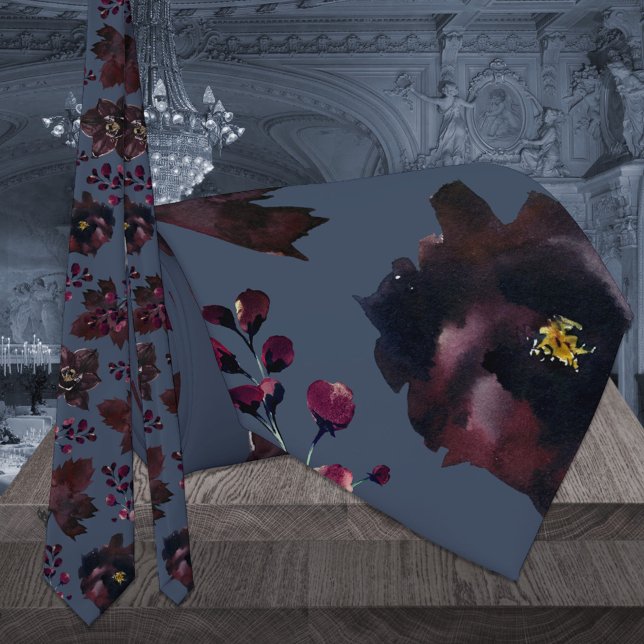 Dusty Navy Blue Burgundy Bordeaux Floral Wedding Tie (Creator Uploaded)