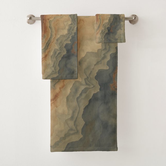 Dusty Navy Blue Burnt Orange Sage Abstract Bath Towel Set (Insitu)