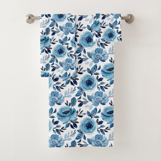 Dusty Navy Blue Floral Pattern Bath Towel Set (Insitu)