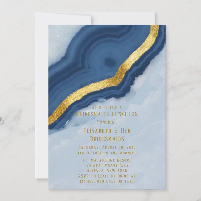 Dusty Navy Blue & Gold Agate Bridesmaids Luncheon Invitation (Front)