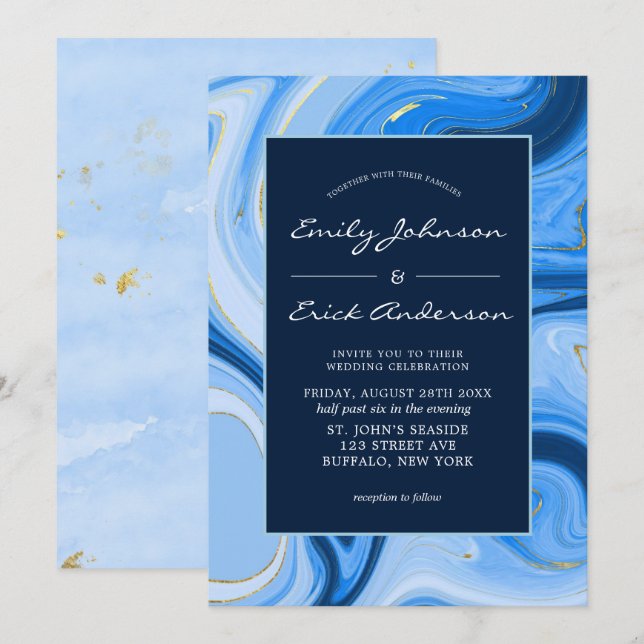 Dusty Navy Blue Gold Agate Watercolor Wedding  Invitation (Front/Back)