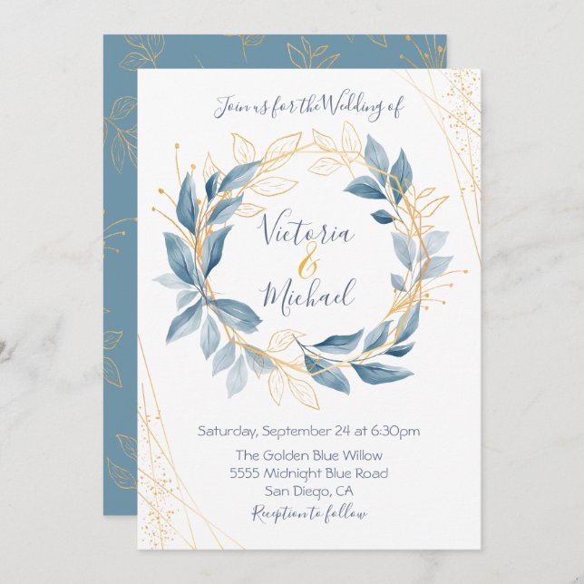 Dusty Navy Blue & Gold leaves Wedding invitation (Front/Back)