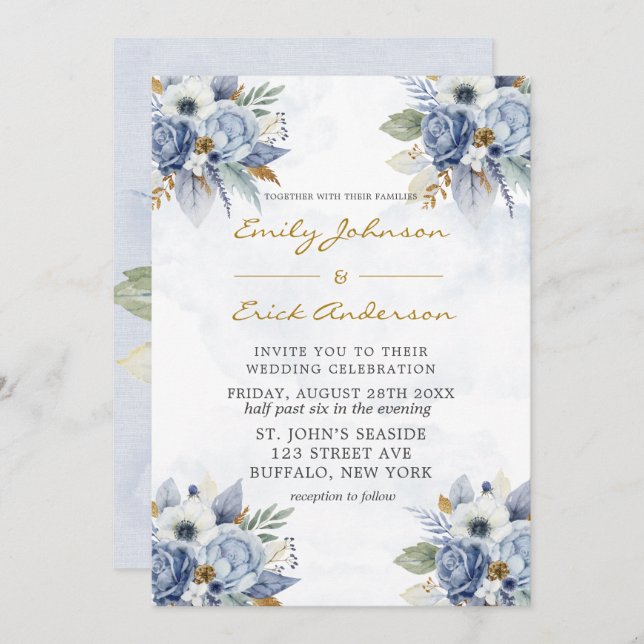 Dusty Navy Blue Gold Watercolor Peony Chic Wedding Invitation (Front/Back)