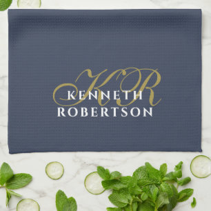 Dusty Navy Blue Monogram Minimalist Gold White Men Tea Towel