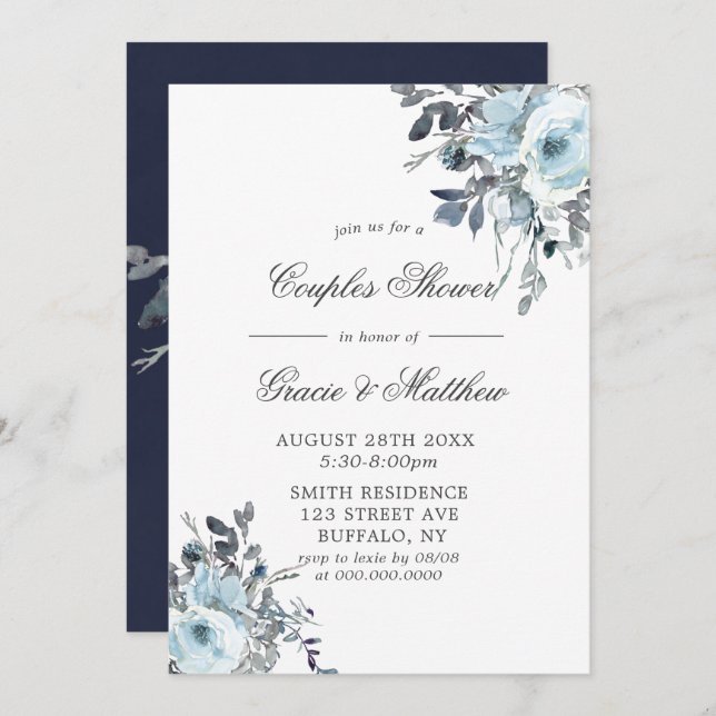 Dusty Navy Blue Peony Couples Shower Invitations (Front/Back)