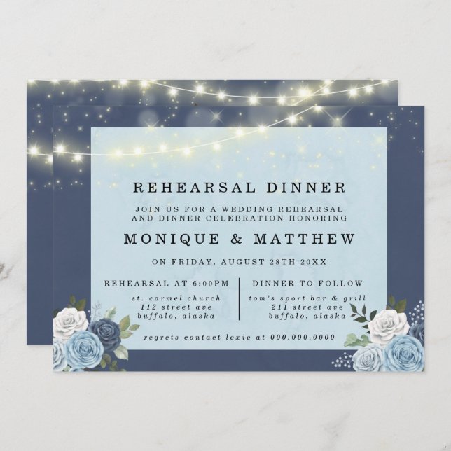 Dusty Navy Blue Peony Lights Rehearsal Dinner Invitation (Front/Back)