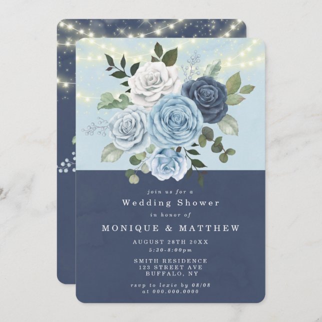 Dusty Navy Blue Peony Lights Wedding Shower Invite (Front/Back)