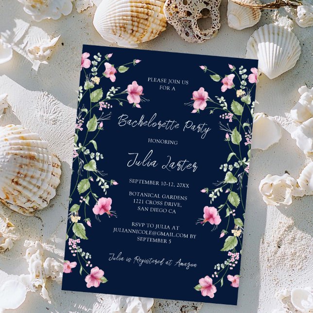 Dusty Navy Blue Pink Hibiscus Bachelorette Party Invitation (Creator Uploaded)