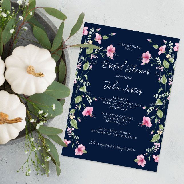 Dusty Navy Blue Pink Hibiscus Bloom Bridal Shower Invitation (Creator Uploaded)