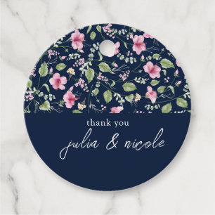 Dusty Navy Blue Pink Hibiscus Bloom Wedding Shower Favour Tags