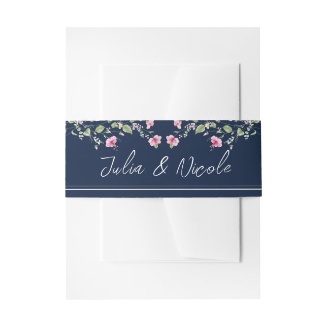 Dusty Navy Blue Pink Hibiscus Bloom Wedding Shower Invitation Belly Band (Front Example)