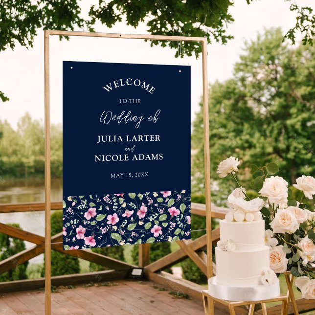 Dusty Navy Blue Pink Hibiscus Bloom Wedding Shower Poster (Creator Uploaded)