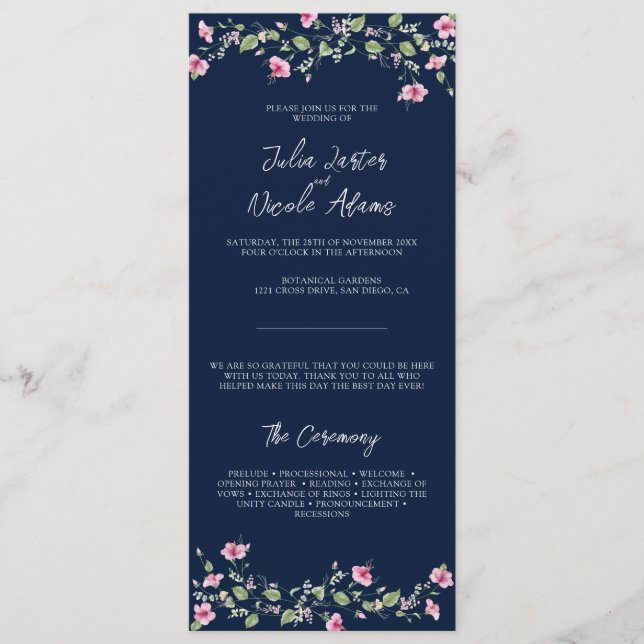 Dusty Navy Blue Pink Hibiscus Bloom Wedding Shower Programme (Front)