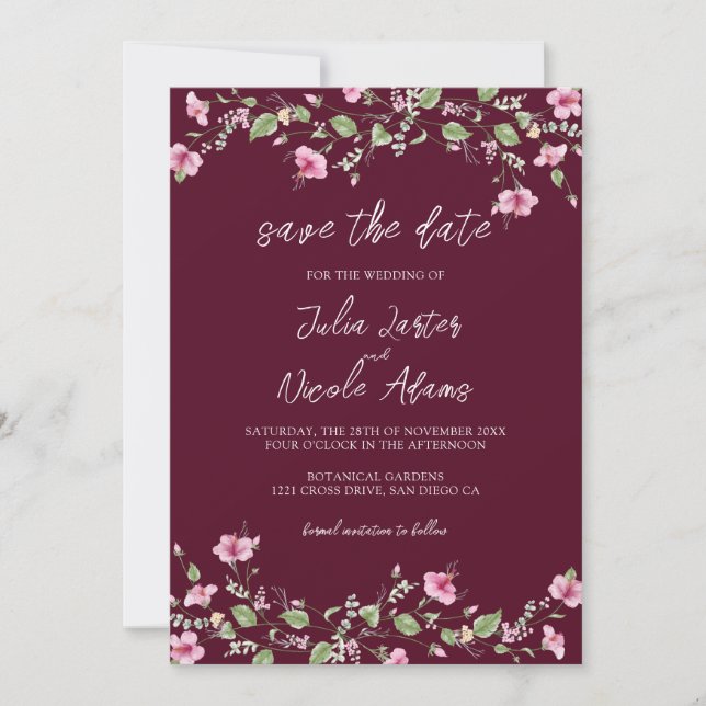 Dusty Navy Blue Pink Hibiscus Bloom Wedding Shower Save The Date (Front)