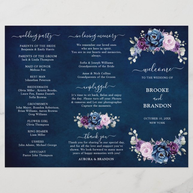 Dusty Navy Blue Purple Lilac Bloom Wedding Program (Front)