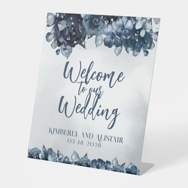 Dusty Navy Blue Silver Welcome To Our Wedding Pedestal Sign (Front)
