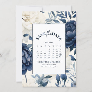 Dusty navy blue & white floral watercolor calendar save the date